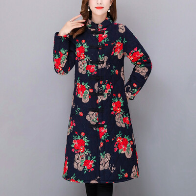 

Gobestart Elderly Women Special Button Printing Design Cozy Leisure Warmr Winter Long Coat