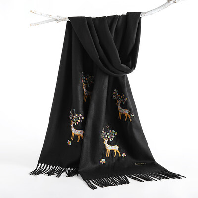 

New double-headed sika deer multicolored yarn embroidery solid color light thorn wool imitation cashmere scarf female warm shawl wholesale