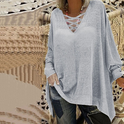 

Women Casual Loose V-collar Long sleeved Bat Sleeve Shirt