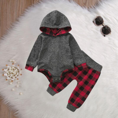 

Newborn Baby Boys Girls Long Sleeve Hooded Romper Plaid Pants 2pcs Outfits New