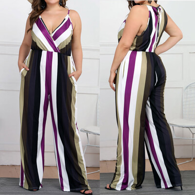 

Gobestart Fashion Womens Casual Plus size Stripe Print Camis Sleeveless Loose Jumpsuit