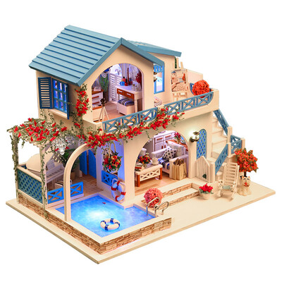 

Miniature Super Mini Size Doll House Building Model Kits Wooden Furniture Toys DIY Dollhouse Blue And White Town