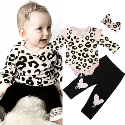 

Infant Baby Girl Leopard Romper Tops Love Pants Headband Outfits Clothes Set