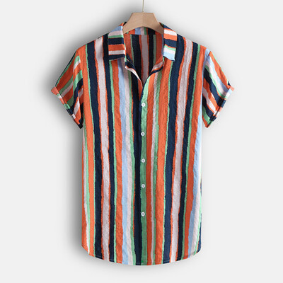 

Toponeto Fashion Mens Casual Button Hawaii Striped Print Beach Short Sleeve Top Blouse