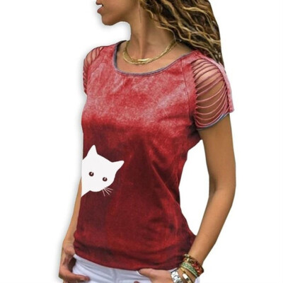 

Starmoon Womens Sexy O-Neck Printing Cut Out Crop Short Sleeve T-Shirt Tops