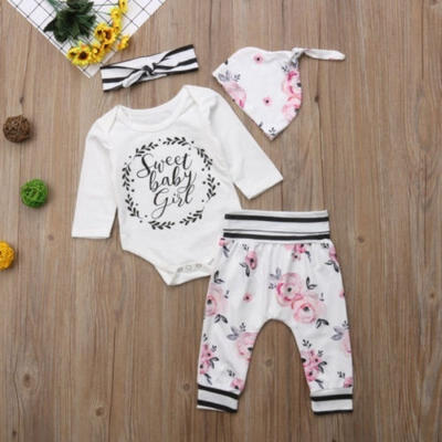 

Cute Newborn Baby Girl Long Sleeve Letter Jumpsuit Floral Print High Waist Pants Striped Headband Striped Headband4 Piece Se