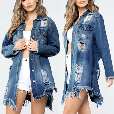 

Toponeto Women Button Long Sleeve Pockets Denim Hole Open Front Jean Jacket Overcoat Tops