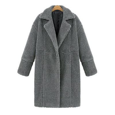 

Roseonmyhand Women Winter Solid Lapel Long Sleeve Plush Pocket Jacket Long Outwear Coat