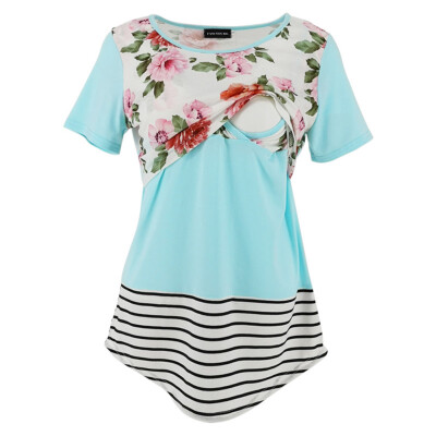 

Women Maternity Fashion Breast-Feeding Floral Printed T-Shirts Pregnant Woman Nursing Lace Short Sleeve Tops
