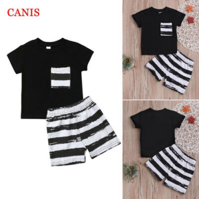 

US 2PCS Infant Baby Boys Cotton Tops T Shirt Striped Shorts Pants Summer Clothes