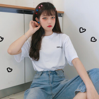 

Womens Casual O Neck Tee Letter Print Short Sleeve Loose Simple T-Shirt Solid Color Streetwear