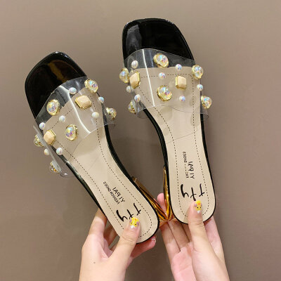 

Fairy wind thick with pearl sandals&slippers transparent summer wear low-heeled womens shoes