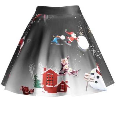 

Roseonmyhand Women Christmas Santa 3D Print Flare Elastic High Waist Cosplay Ball Gown Skirt
