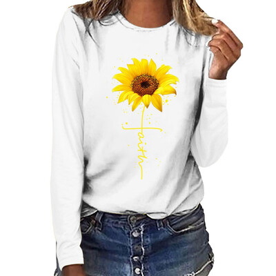 

2019 Fashion Casual Women Sunflower Printing O-neck Long sleeves T-shirt