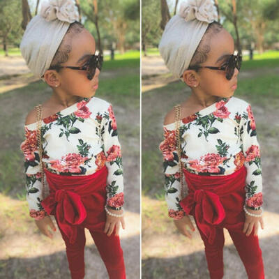 

AU Toddler Baby Girls Kids Off Shoulder Flower Romper Tops Pants Clothes 0-24M