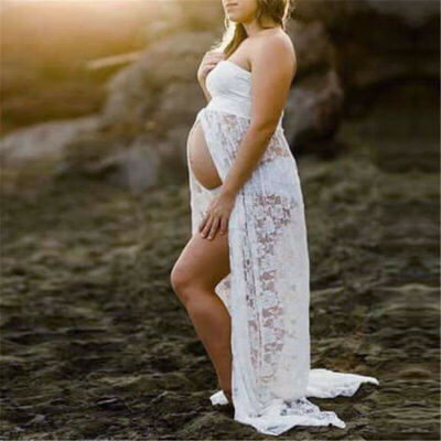 

Ladies Off Shoulder V Collar Lace Maxi Dress Gown Maternity Photography Prop 1PC