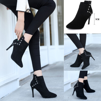 

Rose Women Ladies Fashion Ankle Pointed Toe Rivet Short Boots Casual Thin Heels Shoes