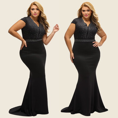 

Women Plus Size Dress Rhinestone Scalloped V Neck High Waist Long Gown Big Size Elegant One-Piece Black