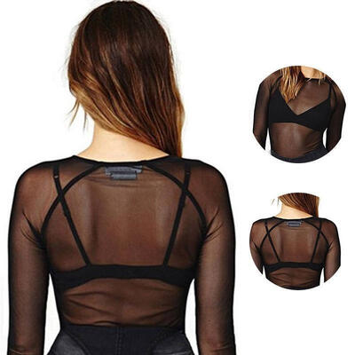 

Womens Sexy Hollow Mesh Net T-Shirt Long Sleeve Tee Tops Transparent Slim Blouse