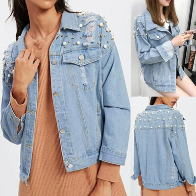 

Toponeto Women Button Long Sleeve Pearl Beading Denim Open Front Jean Jacket Overcoat