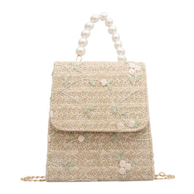 

Pearls Lace Flower Shoulder Handbags Women Straw Small Chain Crossbody Bags