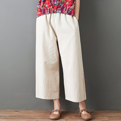 

Tailored Women Casual Solid Elastic Band Long Pants Lady Summer Linen Wide leg Pants