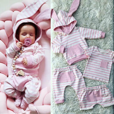 

AU Infant Baby Girl Kids Striped Rabbit Ears Hooded Tops Trousers Cotton Clothes