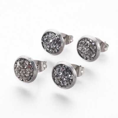 

304 Stainless Steel Stud Earrings with Resin Druzy Flat Round Gray 14x10mm Pin 08mm