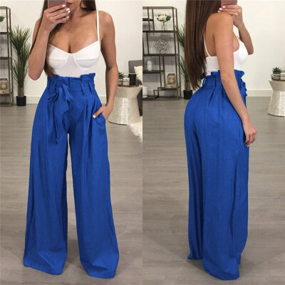 

Women Casual Solid Elastic Mid Waist Zippers Lady Long Loose Pants With Lace Up