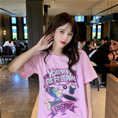 

Women Summer Round Collar Cartoon Print Loose Half Sleeve Casual T-Shirt Simple Wild Tops