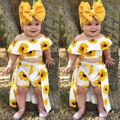 

3PCS Kids Baby Girl Clothes Sunflower Crop Tops Shorts Dress Outfit Sunsuit Hot