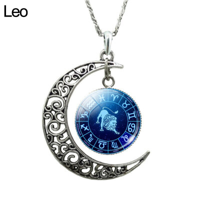 

Unisex Augury Jewelry 12 Constellations Hollow Crescent Moon Faux Gem Necklace