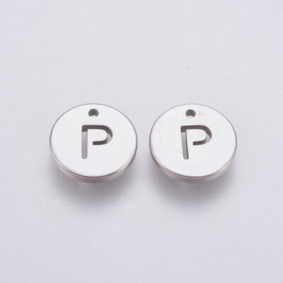 

304 Stainless Steel Charms Flat Round with Letter Stainless Steel Color LetterP 10x1mm Hole 1mm