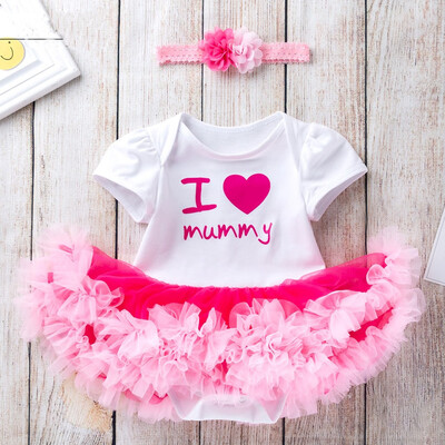 

Toddler Baby Girls Short Sleeve Letter Tulle Romper DressHeadbands Set Suits
