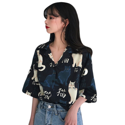 

Women Casual Cat Print Long-sleeved Shirt New Fashion Lapel Women Tops Korean Style Female Loose Blouses blusas mujer