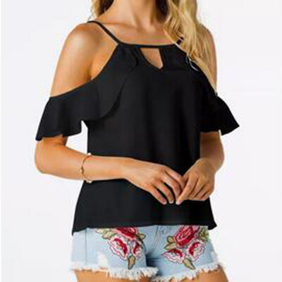 

Women Street Fashion Ruffled Blouse T-shirt Off-the-shoulder Straps Shirts Tops