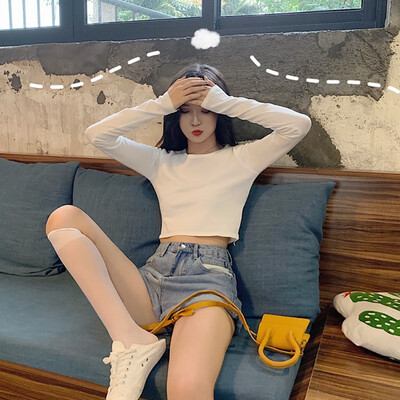 

Sexy Women Ladies Slim Short Tops Long Sleeve T Shirt Casual Solid O Neck Knitted Short Tops