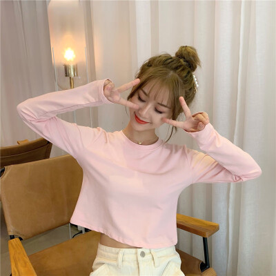 

Womens Solid Round Neck Loose Casual Crop Top Blouse Long Sleeve Warm Pullover