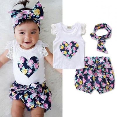 

Cute Toddler Kids Clothes Newborn Baby Girls Floral Lace Vest Tank Tops Bottom Shorts Pantsheadbands Outfit 3Pcsset