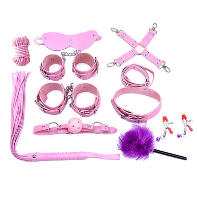 

10pcset Adults Erotic Leather Whip Mouth Ball Wrist Ankle Strap Adjustable Neck Collar Women Men Couple Sexy Toys