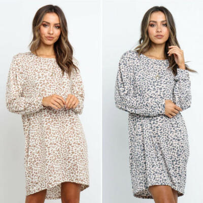 

US Women Summer Casual Leopard Dress Plain Simple T shirt O-neck Loose Dress