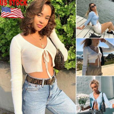 

Women Sexy Open chest Bow Long Sleeve T-shirt Tops Exposed Navel Slim Blouse