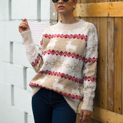 

Tailored Women Christmas Sweater Long Sleeve O-Neck Printed knitting Sweater Tops