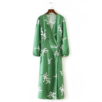 

New Women Chiffon Kimono Cardigan Floral Print Long Sleeve Tie-Waist Loose Outerwear Bikini Cover Up Green