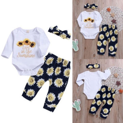 

3pcs Newborn Infant Baby Girl Outfits Flower Romper BodysuitPants Leggings Set