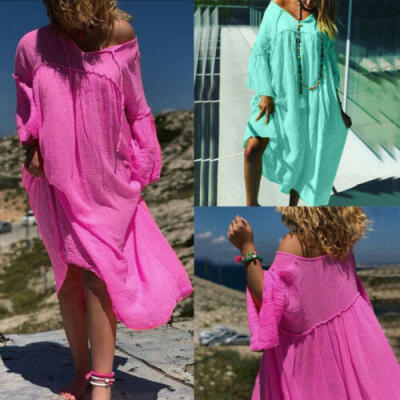 

Womens Cotton Linen Shirt Dress Baggy Tops V-neck Ladies Summer Beach Dress