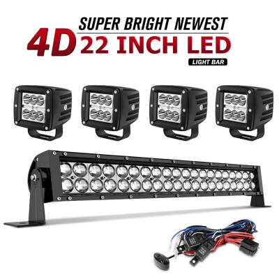 

22inch LED Light Bar Spot Flood Combo4x 4" Pods Harness For Jeep Truck SUV 4WD