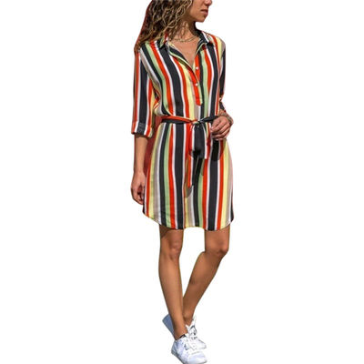 

Bohemian Style Striped Print Knee-length Dresses Casual Turn-down A Line Long-sleeved Womens Beach Party Dress 1pcs