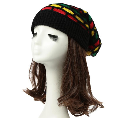 

New Women Men Knitted Beanie Hat Contrast Stripe Splice Ribbed Brim Warm Dance Cap Headwear
