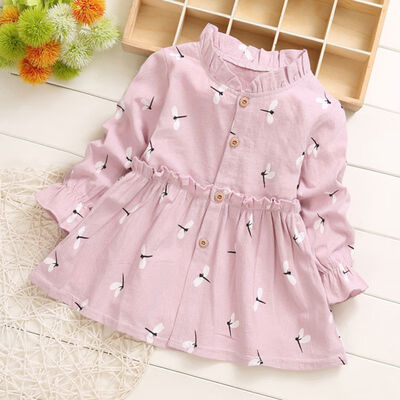

Spring Kids Girls Casual Long Sleeve Dress Costume Baby Dragonfly Pattern Children Cotton Dresses
